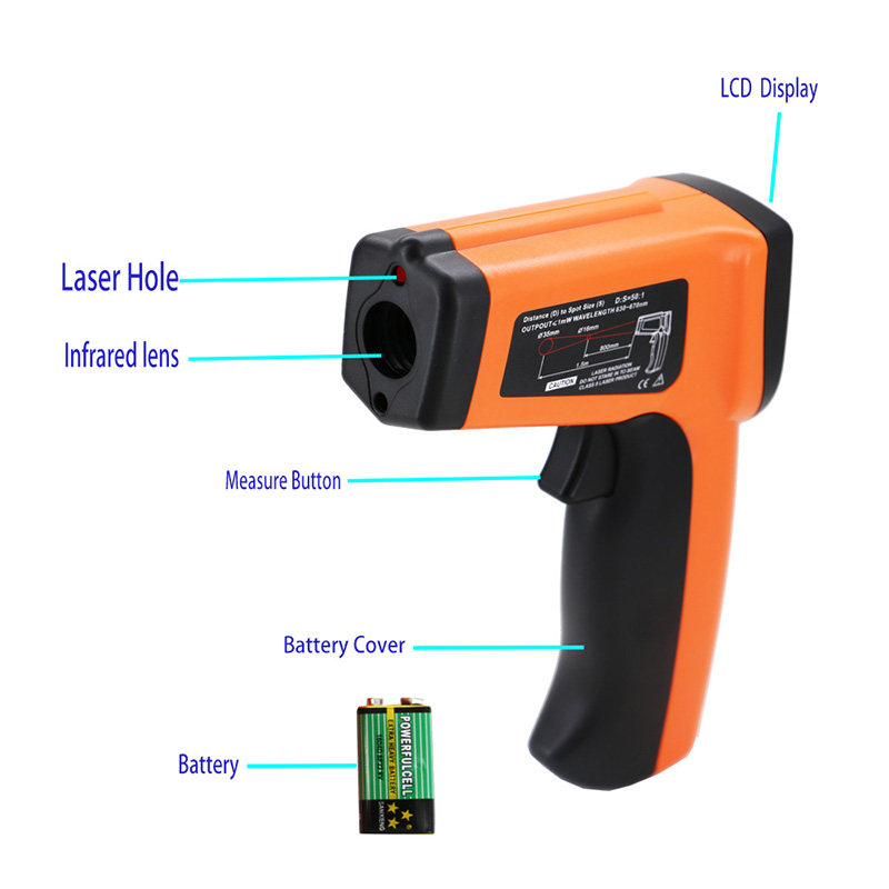 Laser Temperature Gun  Contact Infrared Thermometer Pyrometer -50~1600  Emissivity Adjustable